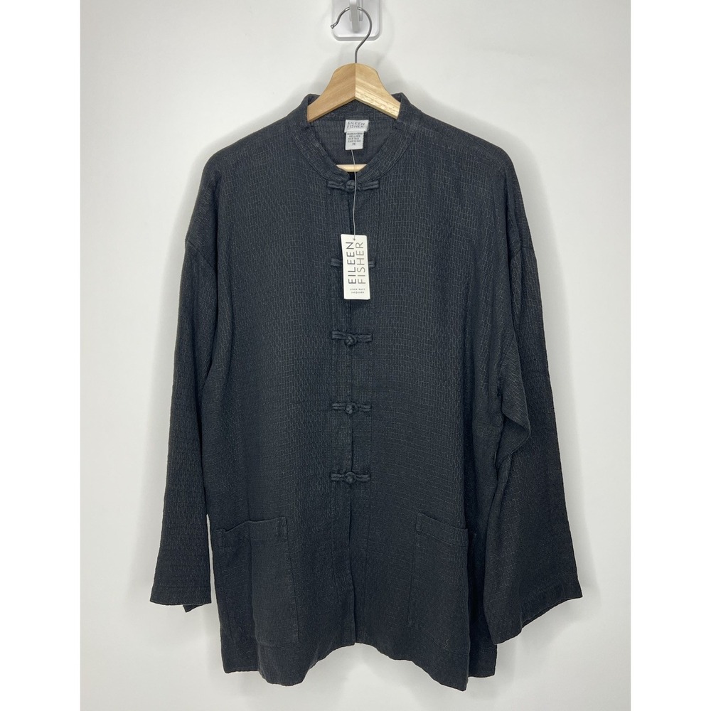NWT Eileen Fisher Mandarin Linen Shirt Women Medium Black Jacquard Wavy Textured